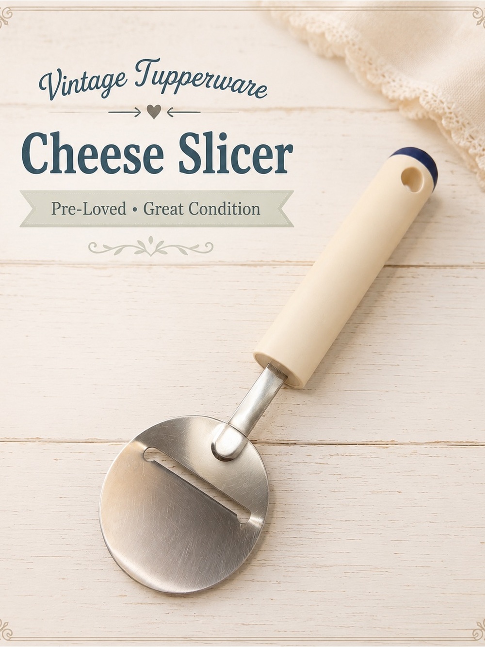 Tupperware Cream Handle Cheese Slicer with Navy Accent